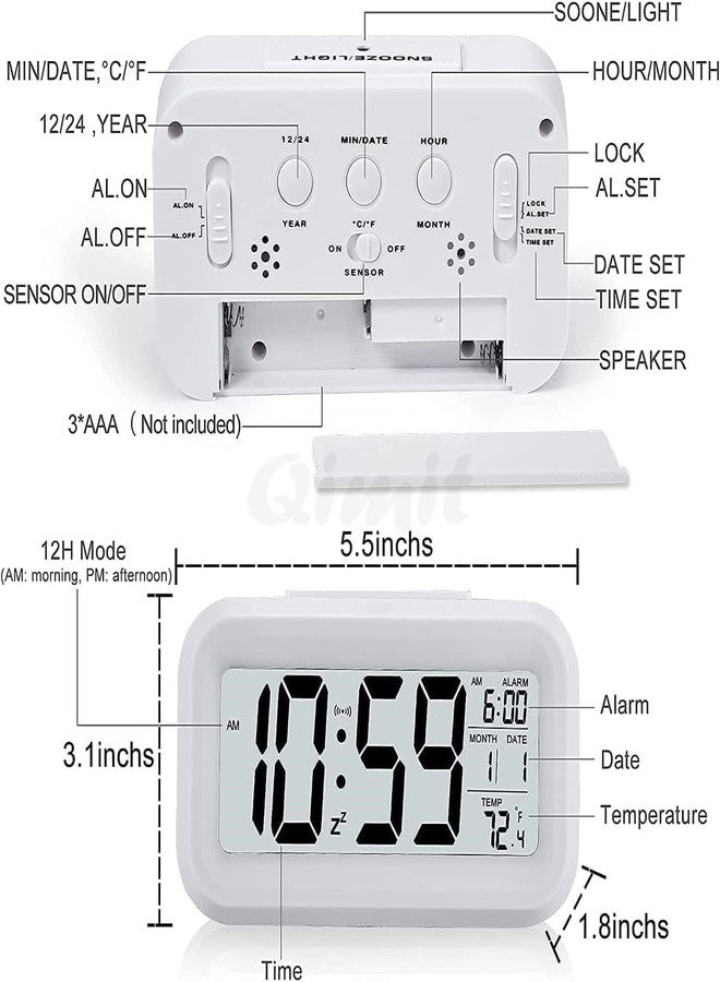 QIMIT Digital Alarm Clock Table Clock for Students, Home, Office, Corporate with Automatic Sensor, Date & Temperature (Rectangle White Clock) - Image 2
